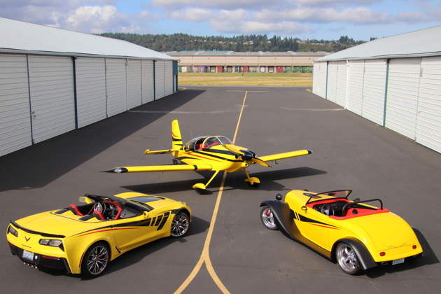 Doug Happe's 'Trifecta' - his Corvette, RV-7 and Roadster, all in matching paint and interior schemes. Photo by Doug Happe.