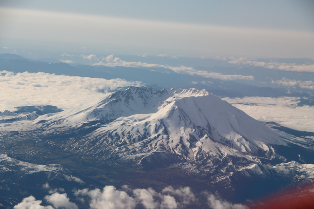 Mt. St. Helens still covered in snow in late April.
