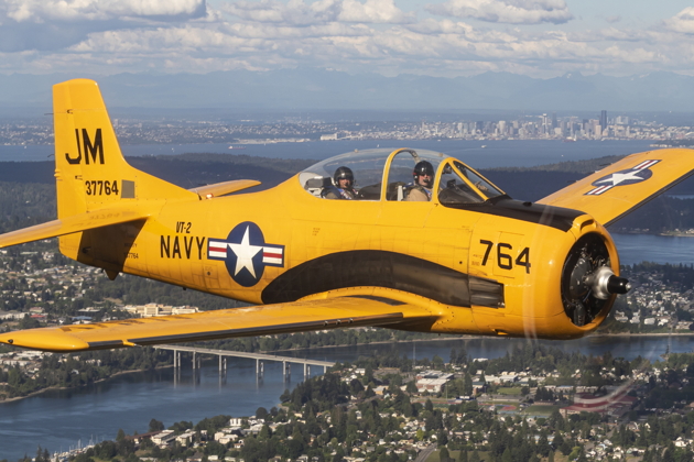 Charlie Goldbach and Frito Friedt rejoining west of Seattle in Charlie's T-28. Photo by Brodie Winkler.