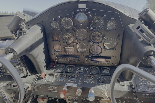 The wide and busy cockpit of Jim Lambert's Howard DGA-15P, N28259. My photo.