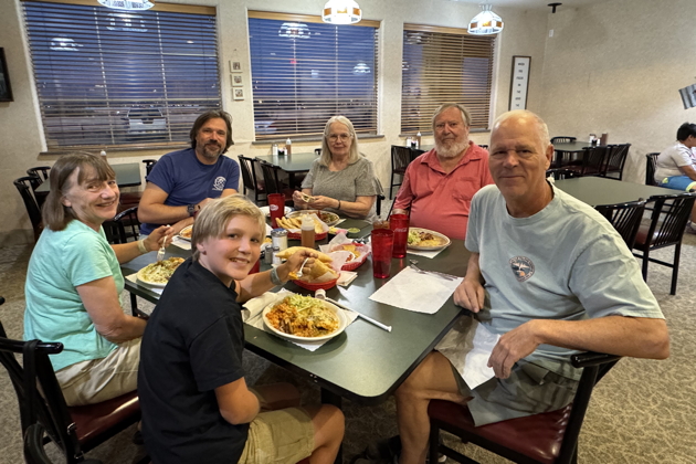 Ma, D, Nathaniel, Suzi, Bill and me enjoying dinner (and sopapillas) in Belen, NM after busy ballooning days.