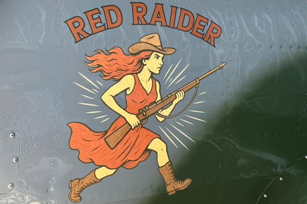 N431DM's custom 'Red Raider' nose art. Photo by Jeff 'Spank' Hanoff.