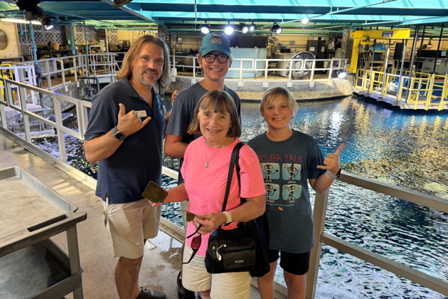 David, Alex, Ma and Nathaniel enjoying an insider's tour of the Long Beach Aquarium of the Pacific. My photo.