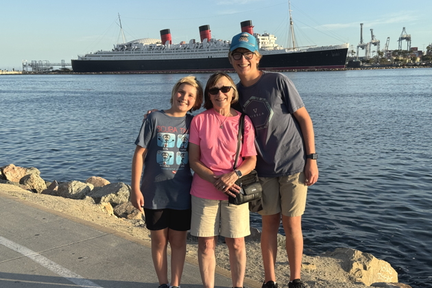 Nathaniel, Ma and Alex in front of the Queen Mary, both taller! My photo.