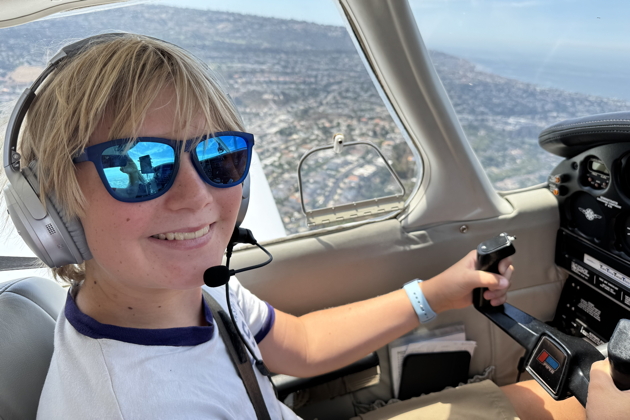 Nathaniel piloting 3DC after takeoff from Torrance, CA. My photo.