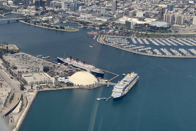 The Queen Mary and Long Beach marina as Nathaniel cruises back from Torrance. My photo.