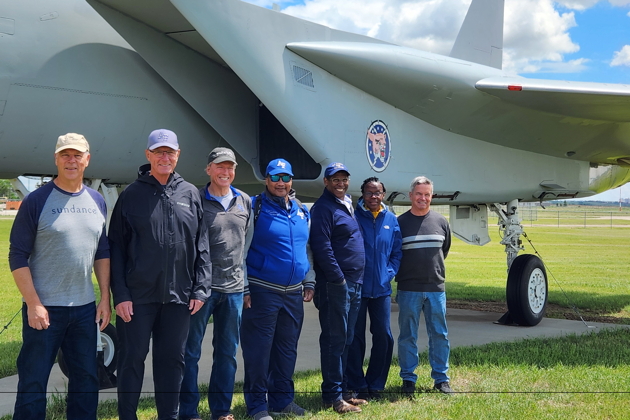 5th Fighter reunion USAF Academy grads - Stan 'Sundance' Kasprzyk '76, Mike 'Pork' VanLaan '79, Mike 'Levi' Levitt '80, Ken 'Homer' Smith '81, Daryl 'Bones' Jones '82, Martha Jones '82 and Phil 'Lebeau' Nicholson '83.