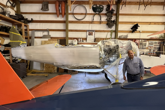 An early view of the N3N with Jay Pemberton showing the 'work in progress' at Felts Field on 28 June 2022.