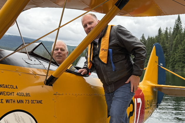 Jay Pemberton giving me a cockpit checkout in the N3N on floats.
